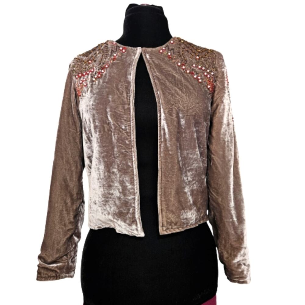 Joolay by Anthro Crushed Velvet Beaded and Embellished Silk Blend Blazer Small